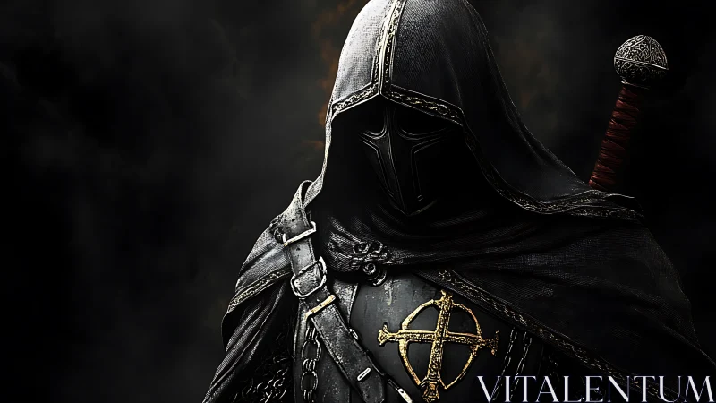 Dark hooded knight with cross emblem in smoky void.