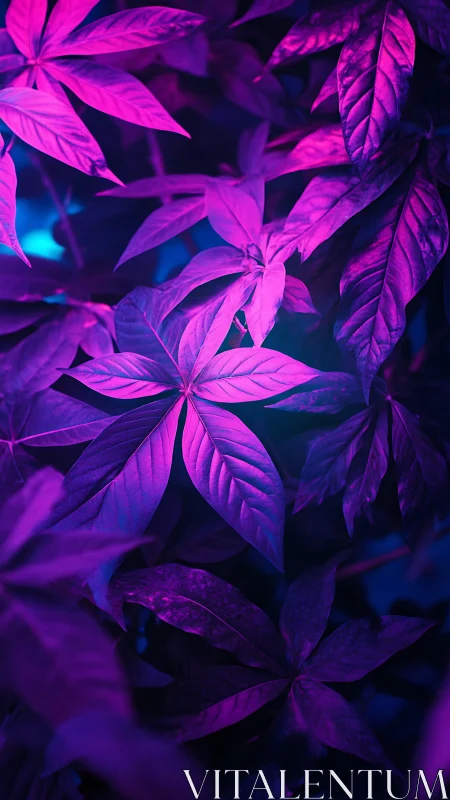 Neon-lit plant leaves display magenta and blue color contrast