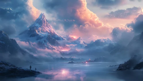 Glacial peaks and cerulean lake rendered in luminous fantasy light