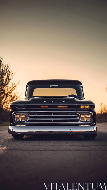 Vintage black pickup truck front view at sunset road.