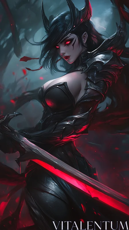 Armored dark warrior with glowing red blade in foggy forest.