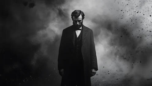 Solitary man in formal coat amid drifting smoke clouds.