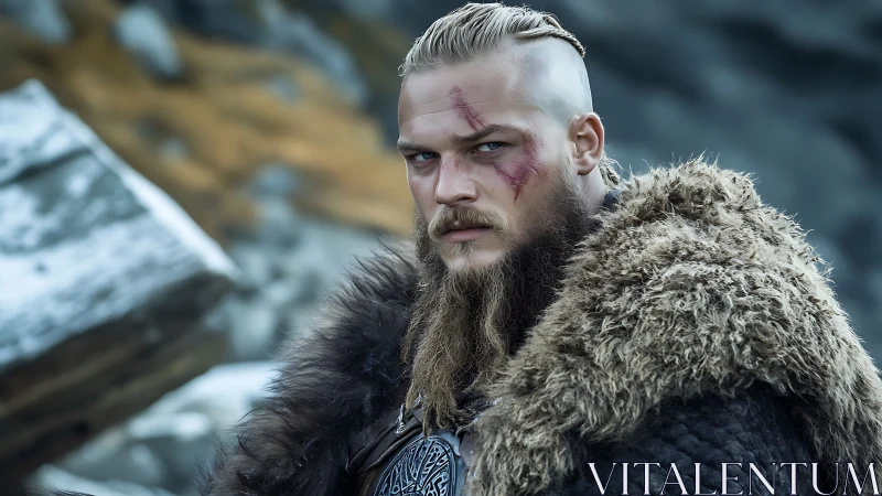 Battle-scarred Viking warrior in fur cloak under cold light