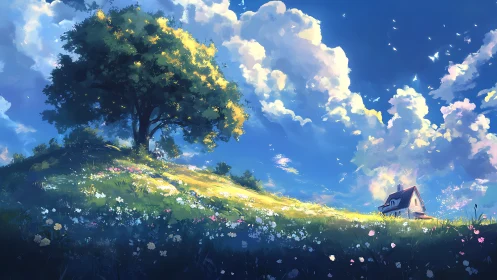 Landscape illustration shows hillside tree and distant house