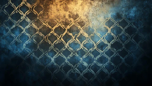 Grungy Blue and Gold Vintage Patterned Wall Texture Art.