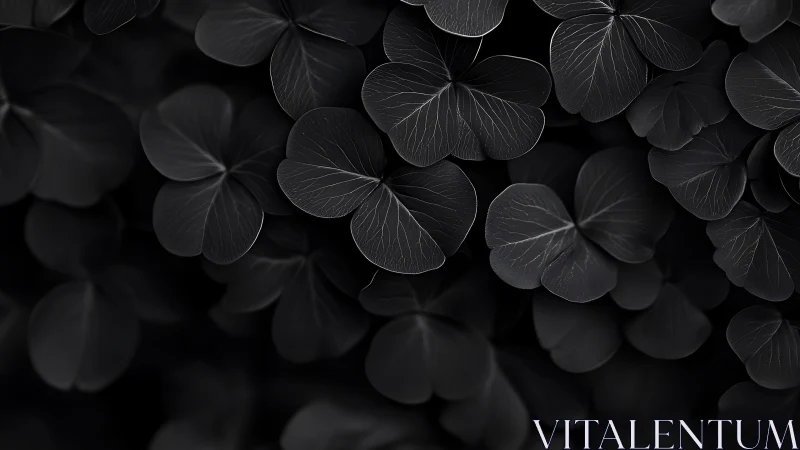 Monochrome close-up captures overlapping clover-shaped leaves