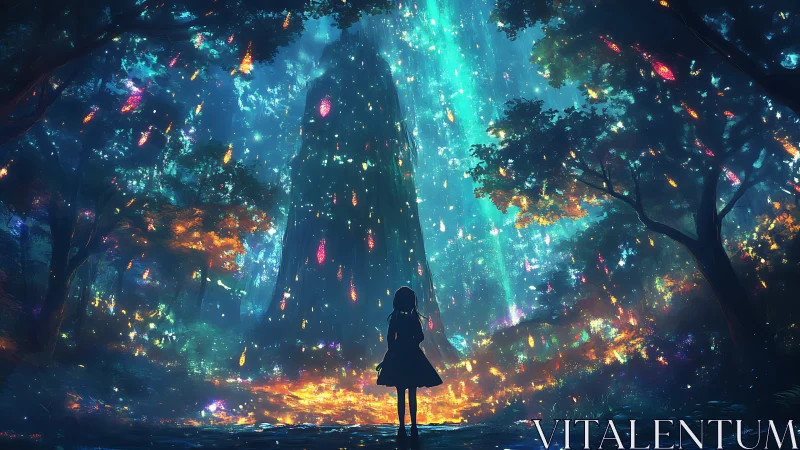 Girl confronts luminous crystal monolith in enchanted forest