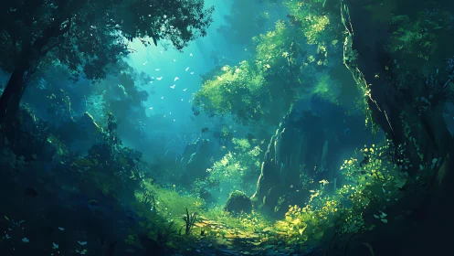 Submerged Cavern with Luminous Flora and Swimming Fauna.