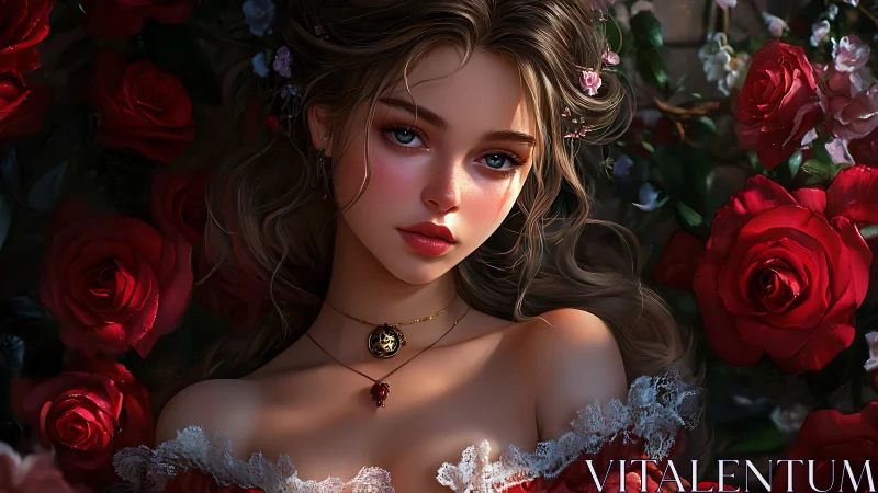 Rose garden muse with soft gaze and romantic charm.