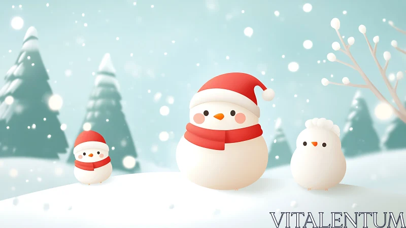 Snowy trio in red scarves plotting cozy winter cheer.