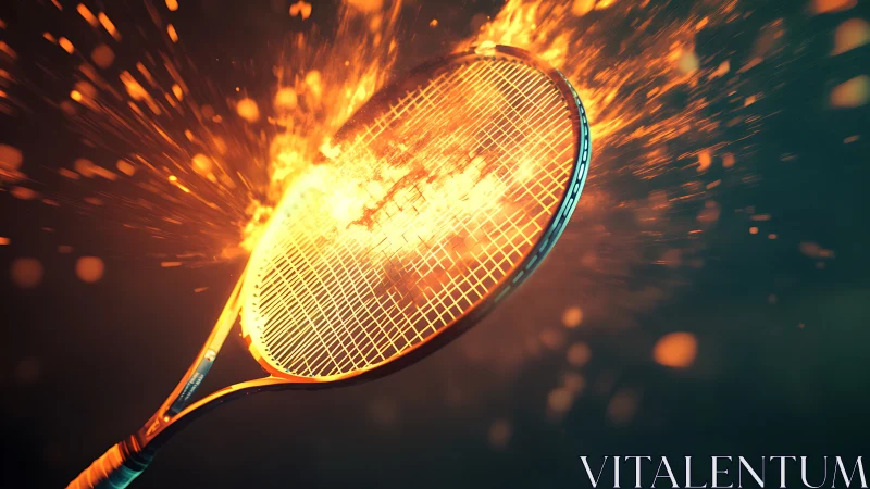 Flaming tennis racket bursting with dynamic fiery energy.
