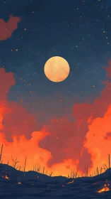 Apocalyptic Landscape Beneath Glowing Orange Moon.