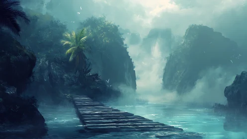 Misty Canyon with Wooden Bridge and Tropical Vegetation