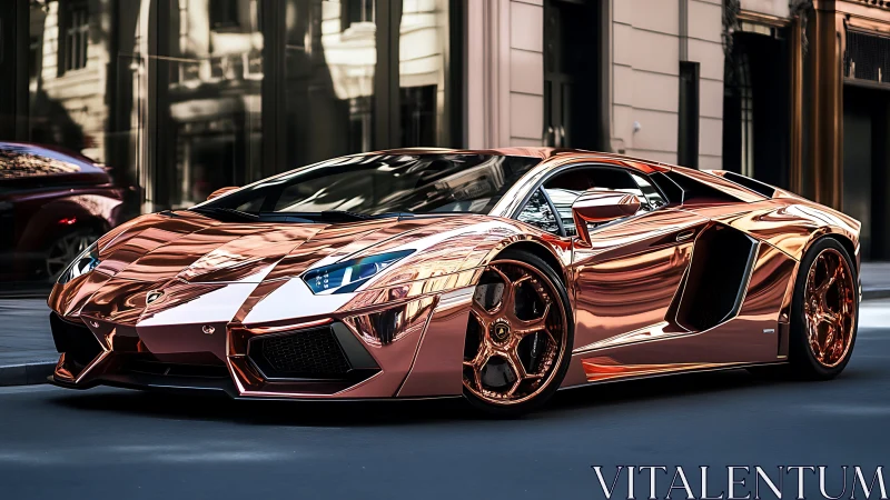 Copper comet supercar glides through mirrored city canyons