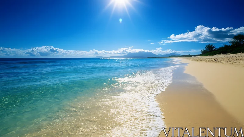 High-noon coastal seascape renders luminous surf and horizon