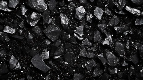 Coal shards form dense fractured black mineral surface.