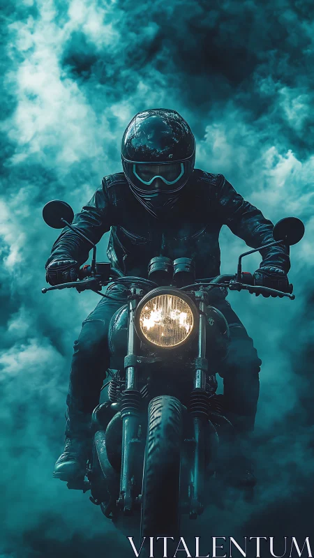 Motorcyclist rides through teal smoke with headlight glare.