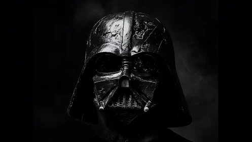 Damaged black sci fi helmet in stark monochrome portrait.