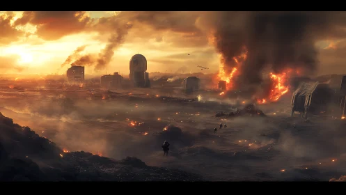 Sweeping sci fi battlefield glows under a smoky burning sky