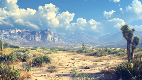 Sunlit desert valley cradled by soft blue mountain ridges.