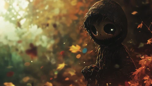 Hooded doll-like figure stands in glowing autumn forest