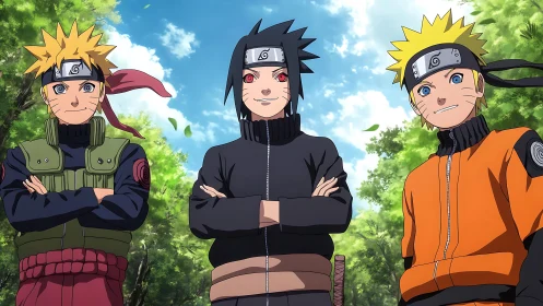 Three anime ninja characters standing in forest setting.