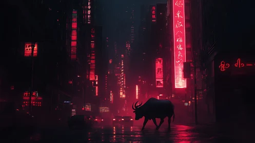 Silhouette of bull crossing neon-lit street in rainy city
