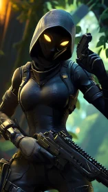 Luminous eyed jungle assassin in obsidian tactical armor.