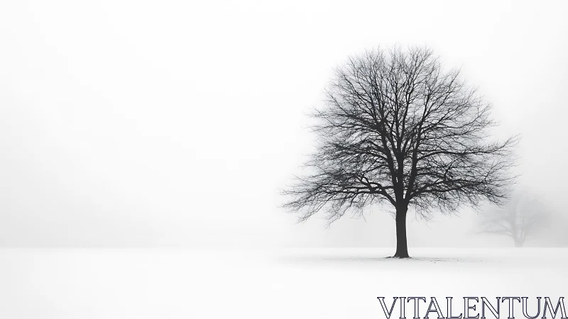 Leafless tree in winter landscape under dense fog conditions.