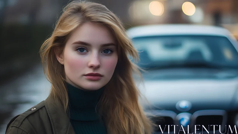 Shallow depth portrait isolates young woman against defocused car