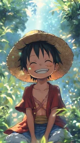 Smiling boy with straw hat sits under glowing forest light