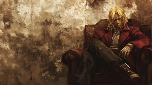 Seated blond antihero in red coat against distressed wall.