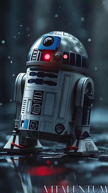 Small cylindrical robot stands on wet reflective ground