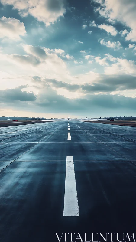 Runway perspective under brooding sky at modern airport.