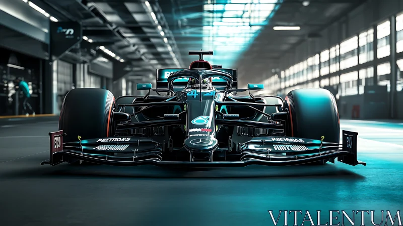 3D Formula 1 race car render in futuristic pit garage.