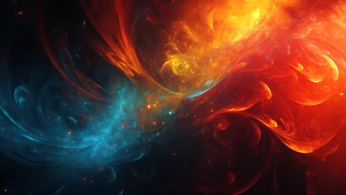 Cosmic fire and ice energy streams in abstract nebula clash.