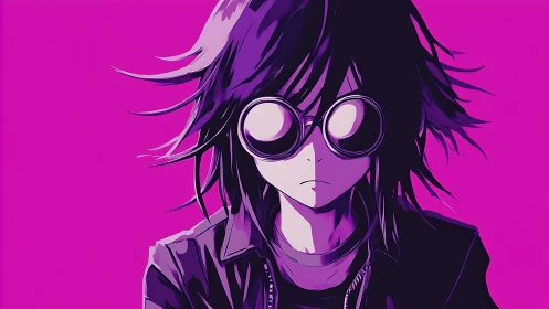 Edgy anime loner in goggles against vivid magenta backdrop.