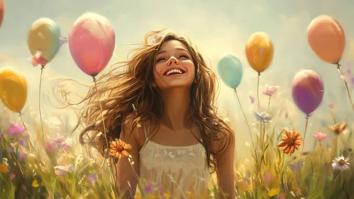 Sunlit laughter blooms between balloons in a painted meadow