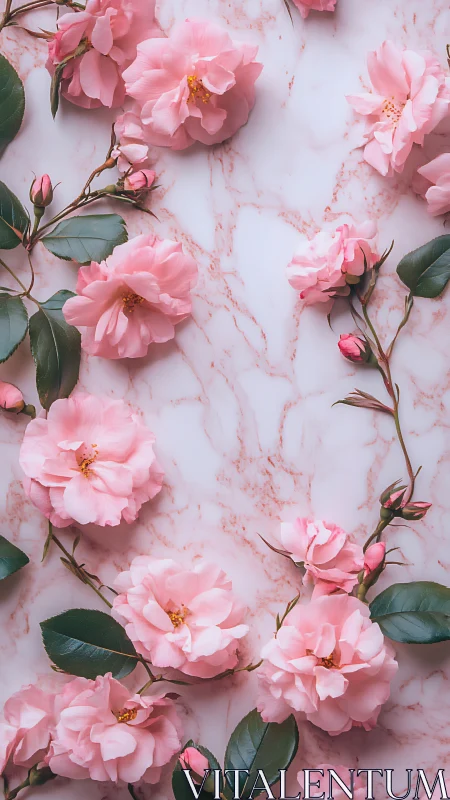 Soft roses drift like pastel constellations on pale marble