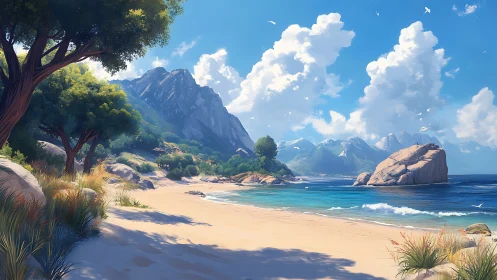 Tropical Beach Cove with Mountain Vista and Dramatic Sky