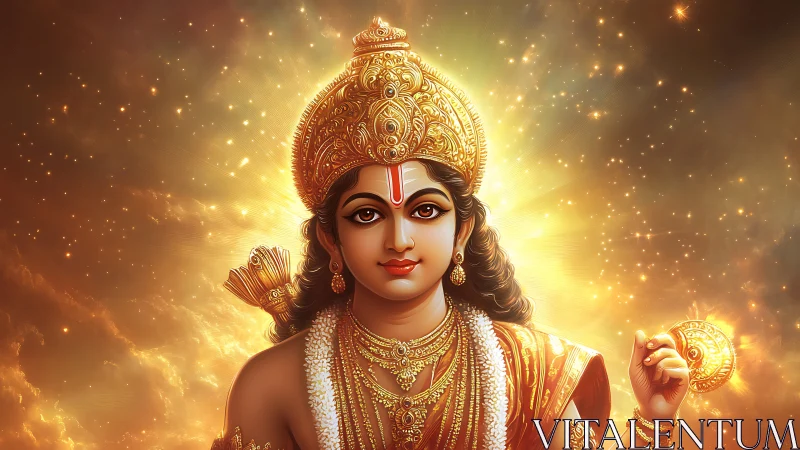 Golden deity gazes outward while galaxies swirl behind