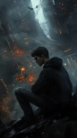 Quiet thinker resting above a moody futuristic cityscape.