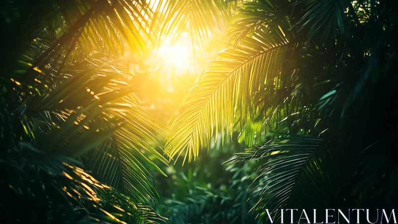 Sunlit jungle canopy where emerald fronds drink firelight.