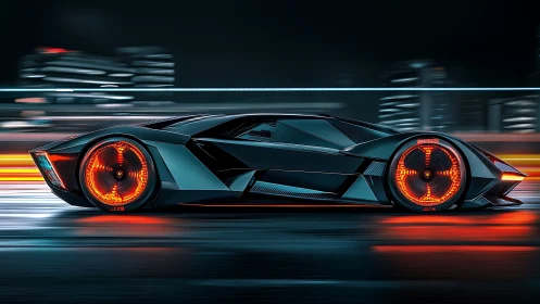 Futuristic hypercar streaking through neon city streets.