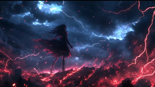 Silhouette of lone figure stands over lava under storm sky