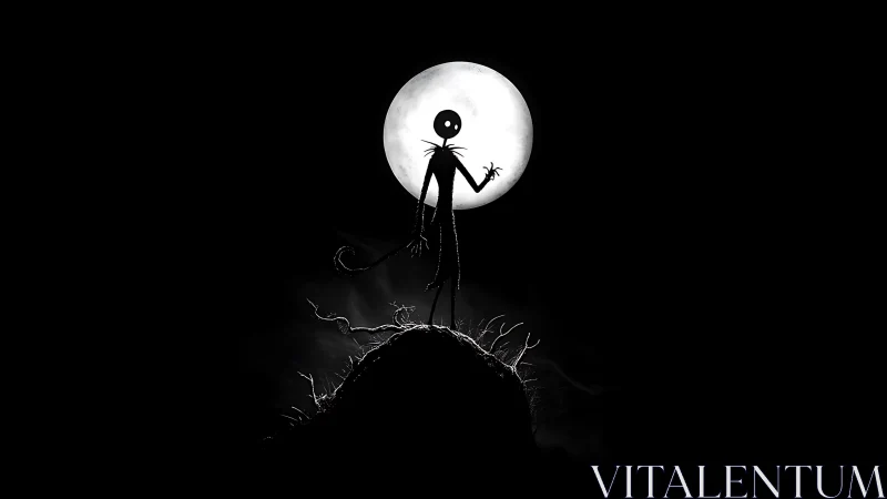 Moonlit skeleton silhouette on a tiny haunted hilltop.