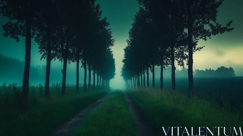 Mist-laden tree avenue framing receding rural pathway at dusk.