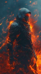 Hooded armored figure stands in engulfing orange flames