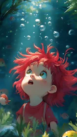 Wonderstruck red-haired child beneath glowing water bubbles.