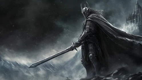 Dark armored warlord with greatsword over frozen valley.